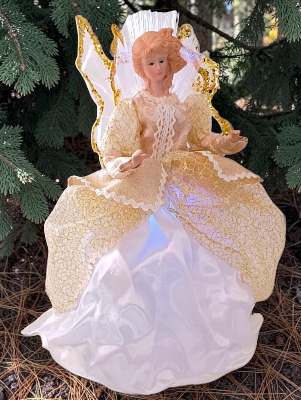 Vtg 90s Fiber Optic Angel Nativity Figure Tree Topper Light Up Gold Christmas